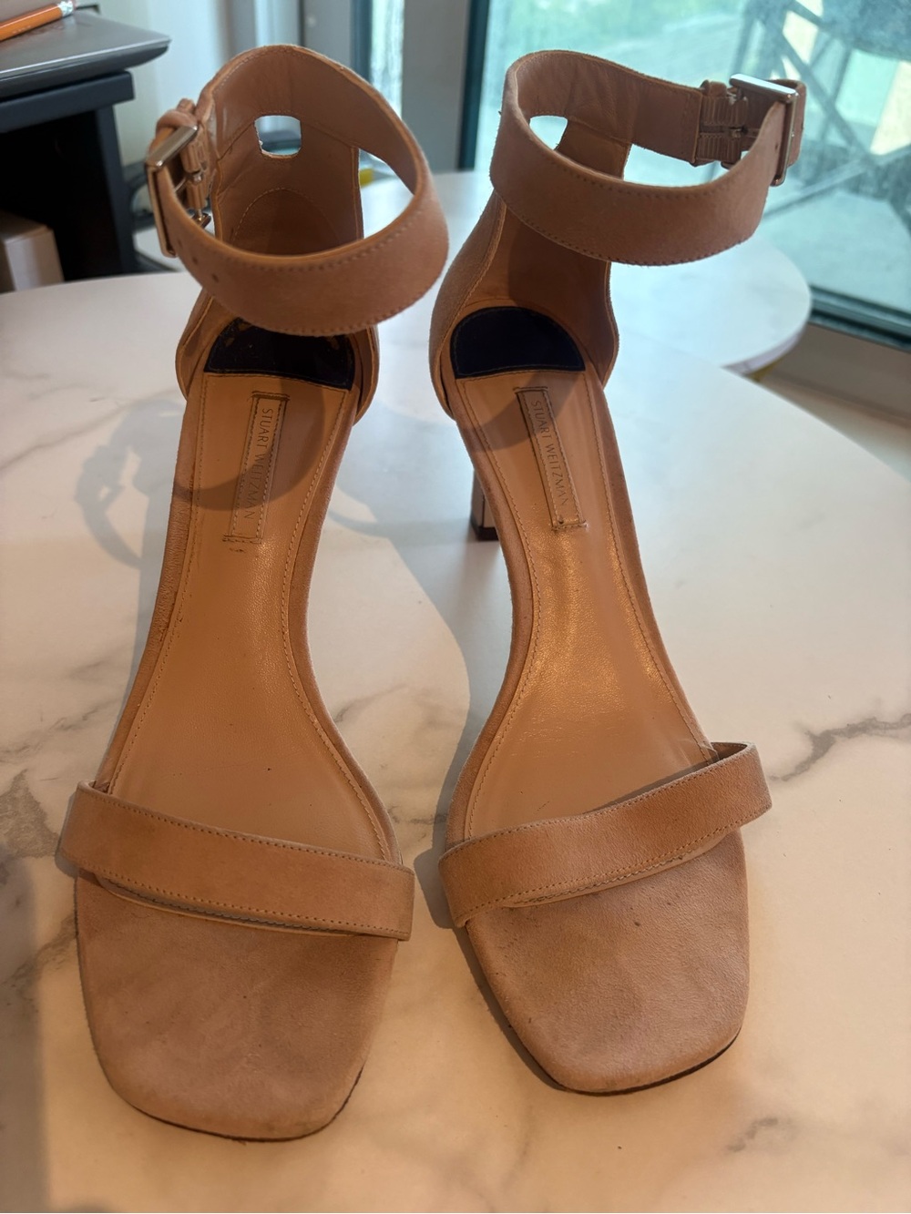 Stuart Weitzman Tan Suede Ankle-Strap Heels